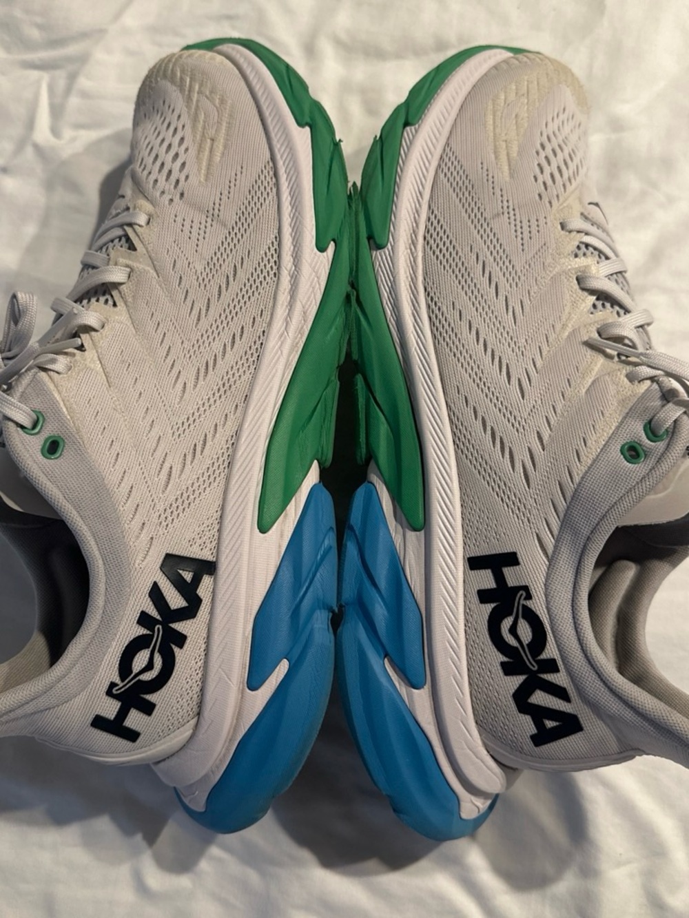 Hoka Men's White Running Shoes with Green and Blue Soles